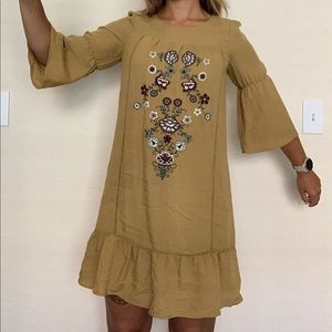 Mustard yellow, small, Polagram boho floral embroidered dress